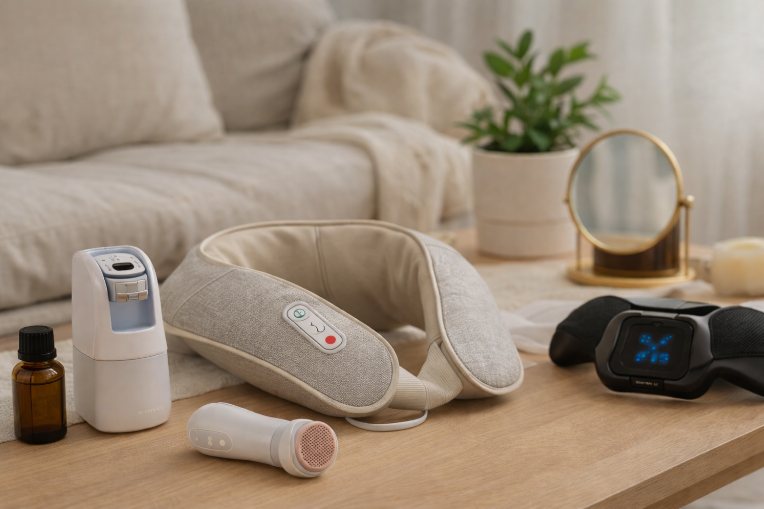Massage device on a wooden table with a cozy living room background